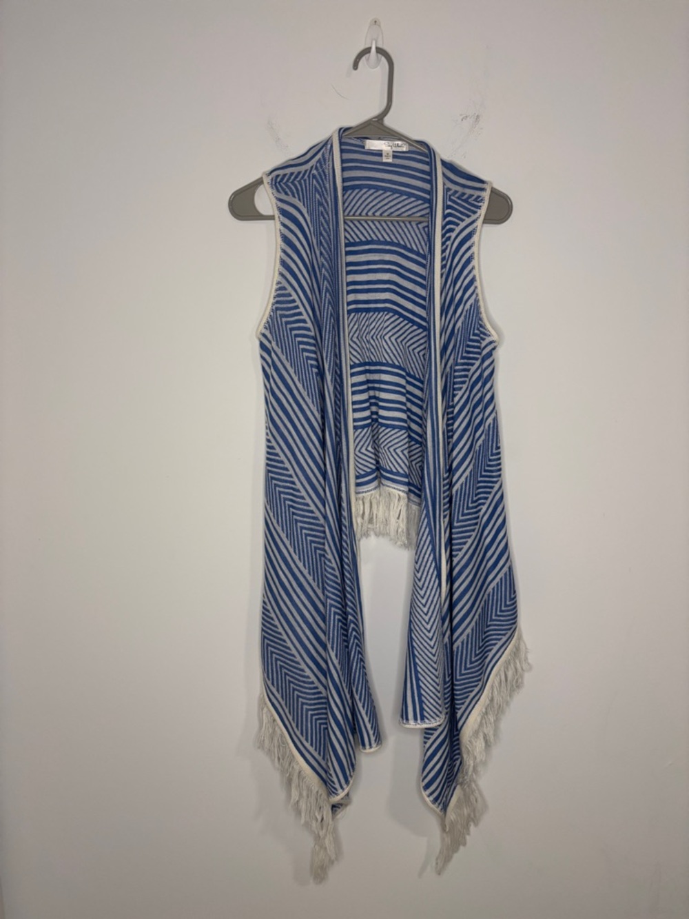 Say What? Boho Fringe Vest Cardigan Sz M Blue White Geometric Striped Knit Indie